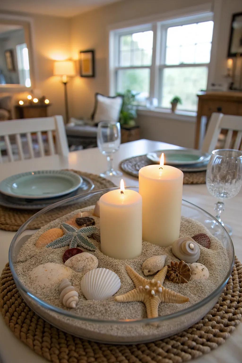 A soothing seaside-themed centerpiece for a beachy ambiance.