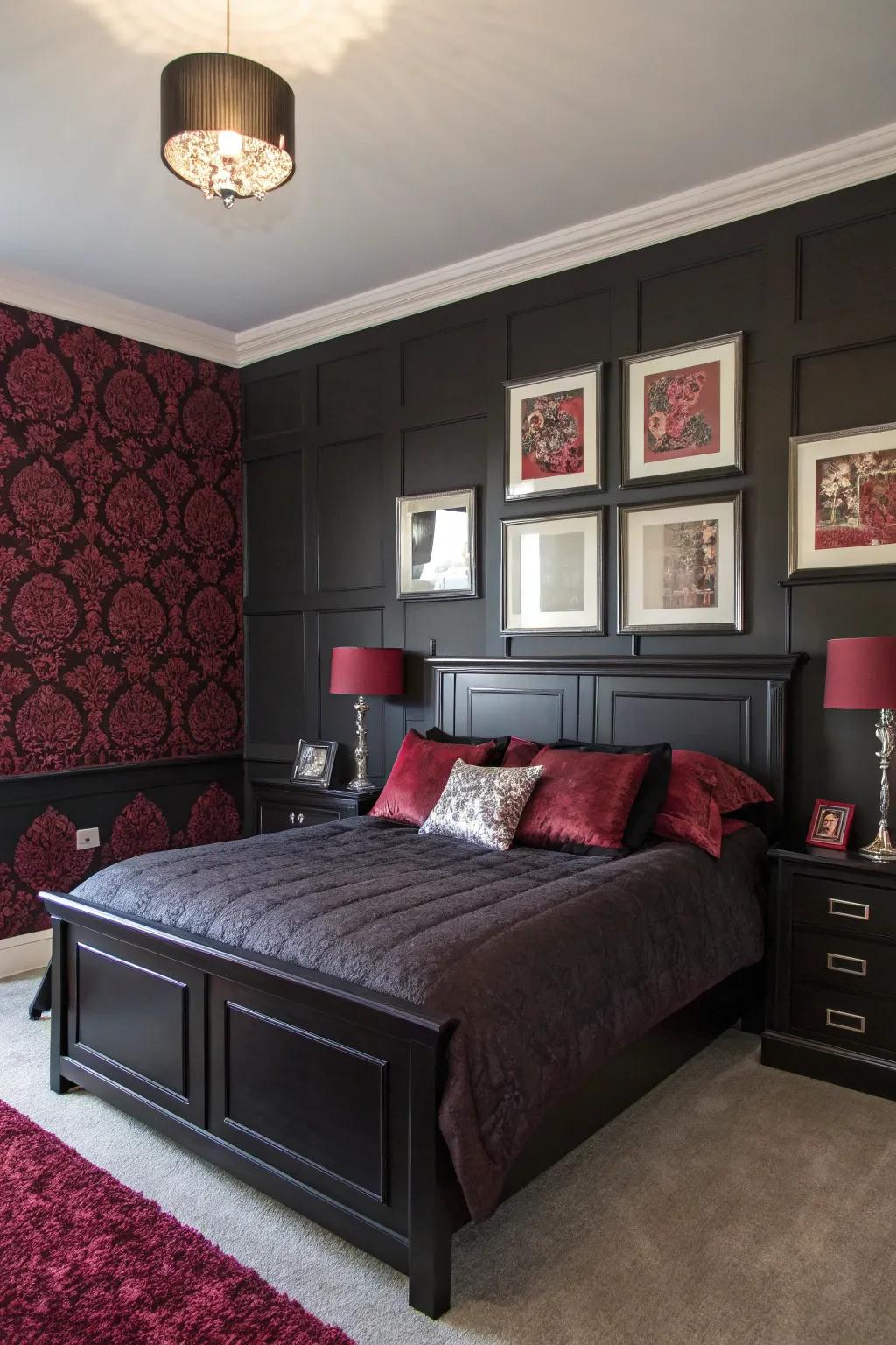 Wall-mounted art with coordinating shades unifies your black and burgundy bedroom design.