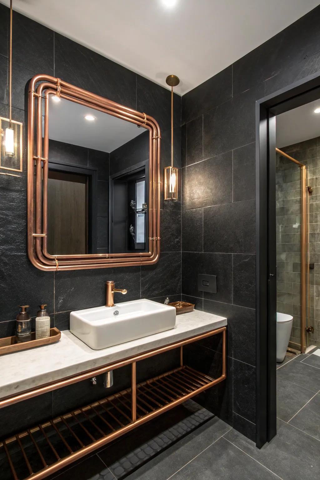 A unique metal-framed mirror incorporates distinction to the area.