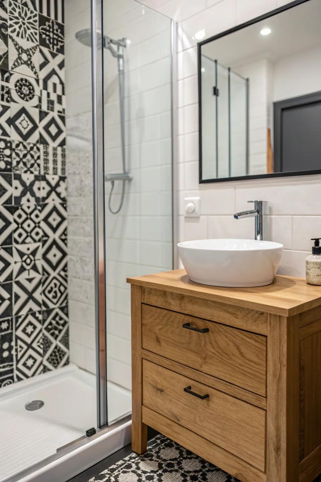 Timber details incorporate comfort to the black and white scheme.