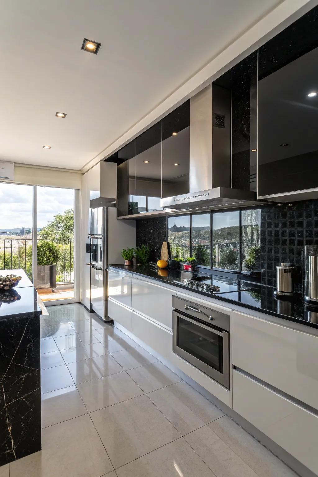 Shiny ebony tiles bring glamour and light into a modern kitchen setting.