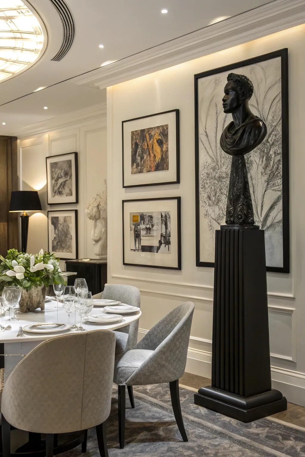 Artistic ornamentation elevates the dining space.