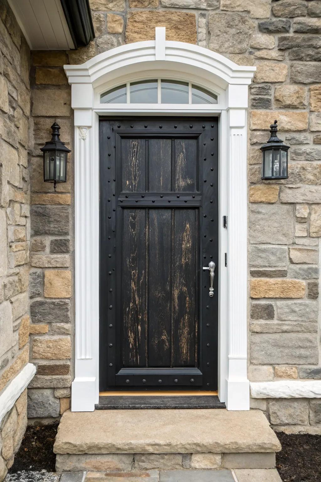 A rustic lumber finish on a black door adds warmth and charm to the entrance.