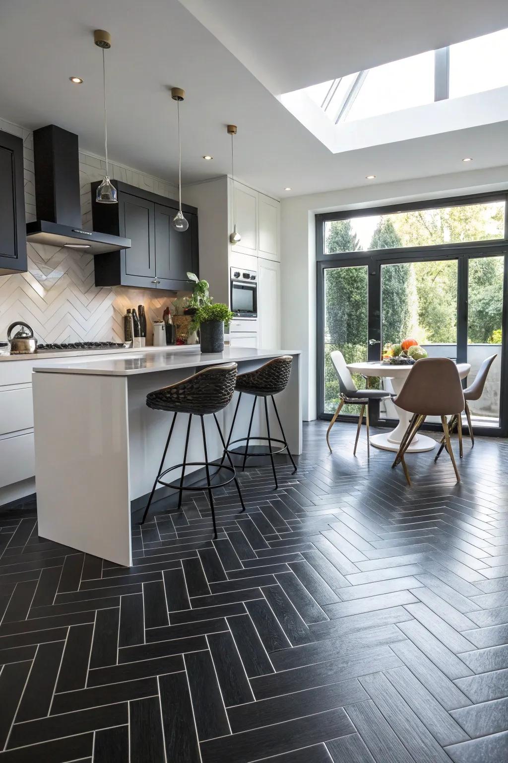A culinary space featuring ebony herringbone configuration floor components for supplemental visual intrigue.