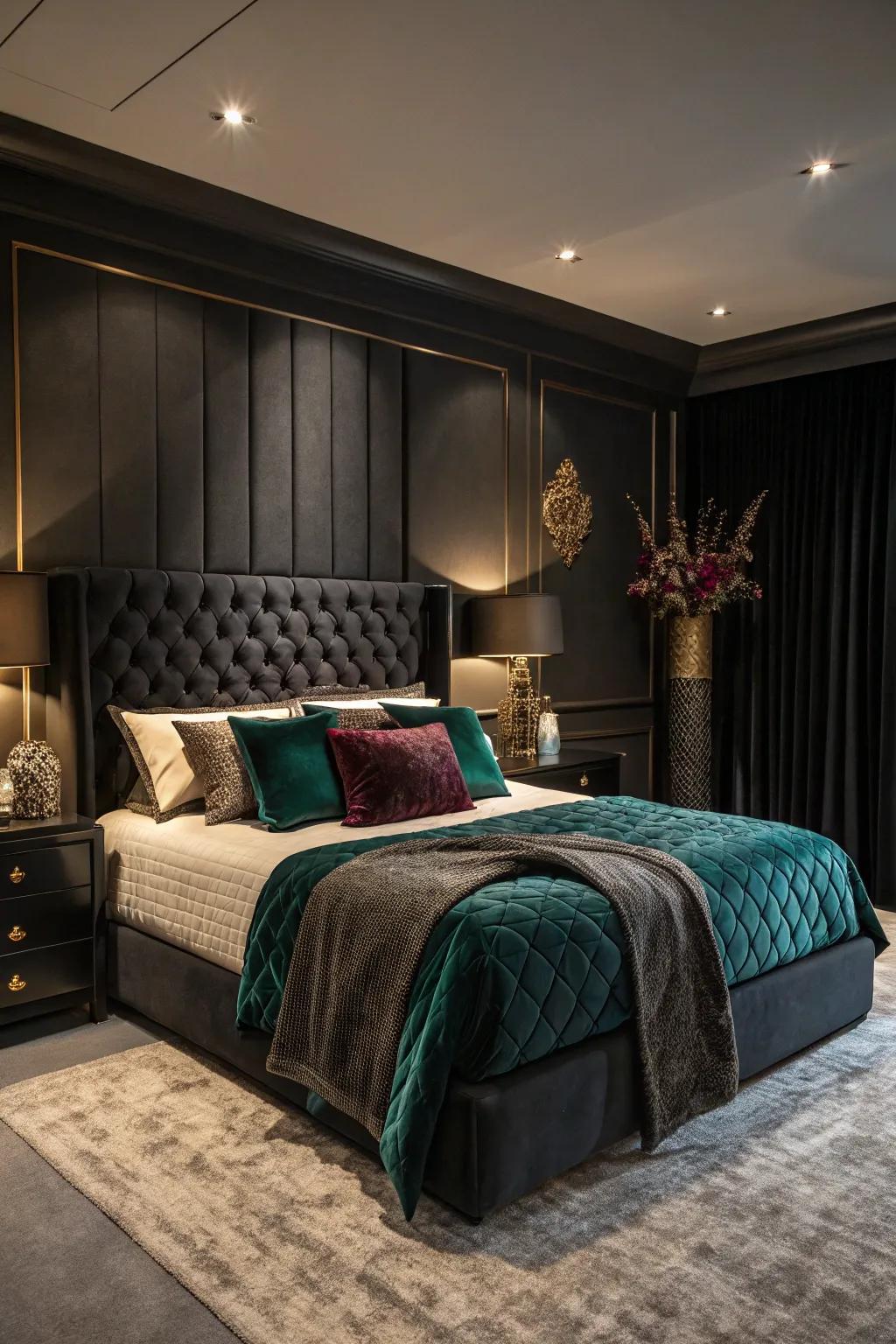 Gem hues infuse lavishness into an obsidian-themed personal space.