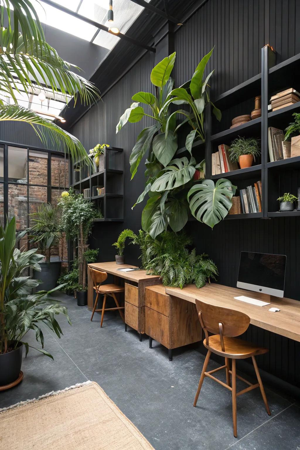Organic elements infuse warmth and vitality into a charcoal workspace.
