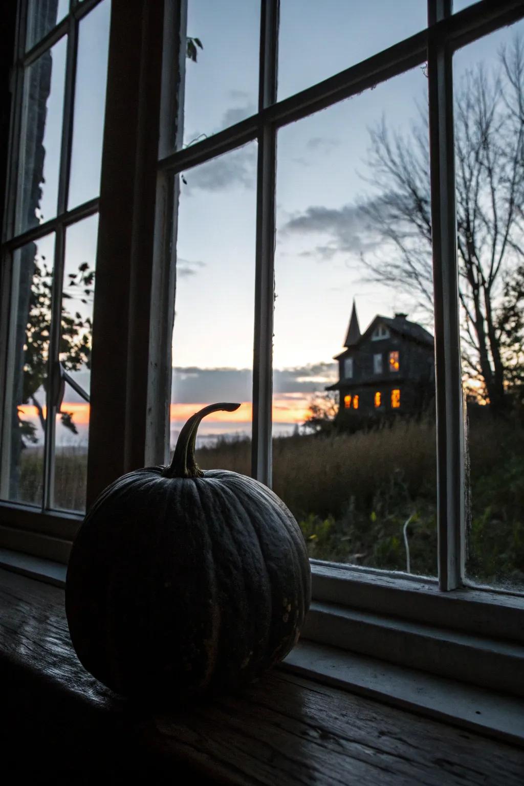 A dark-colored pumpkin with a haunted residence design, suitable for a spooky ambiance.