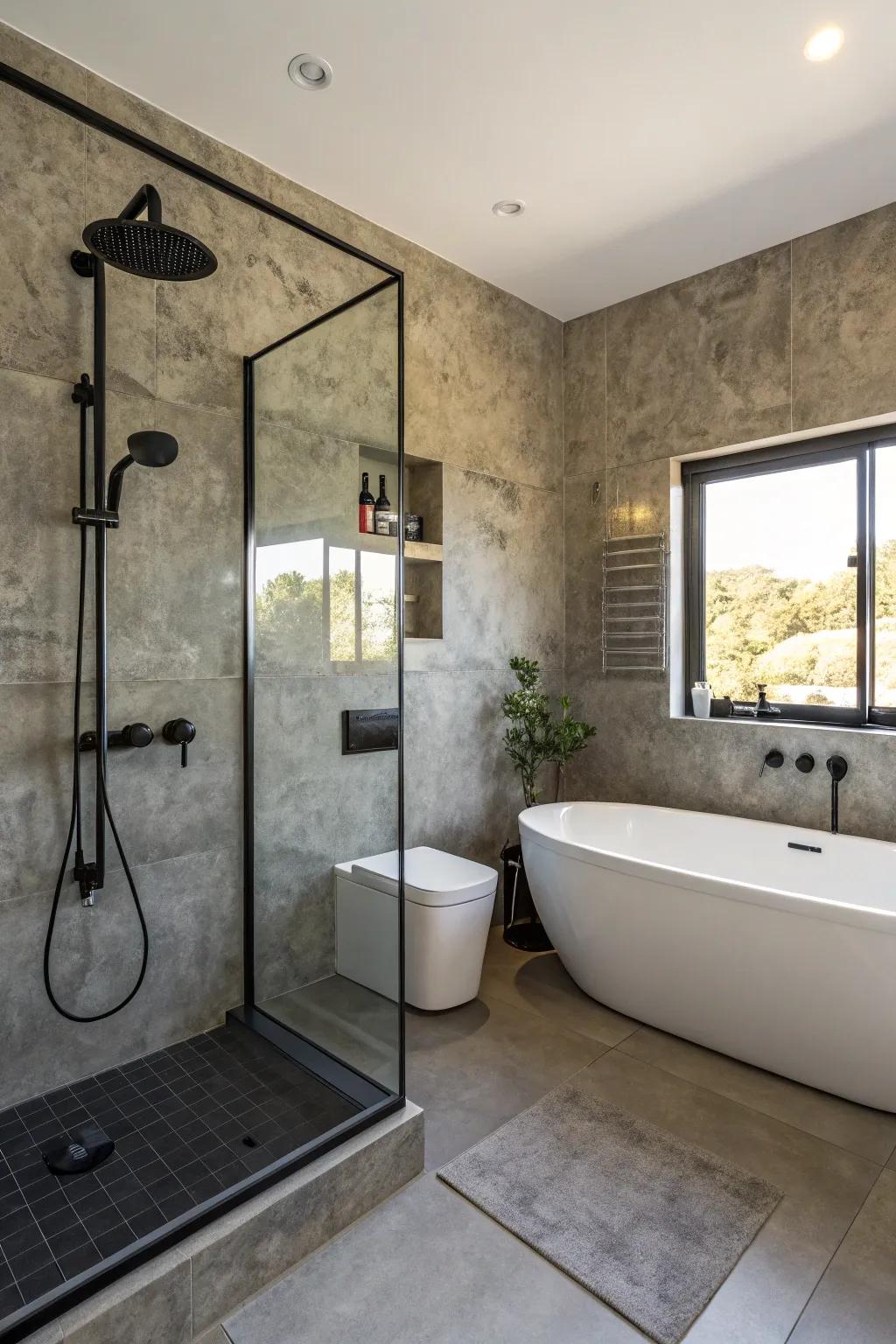 Textured ash walls enrich this fashionable bathroom with dimension and elegance.