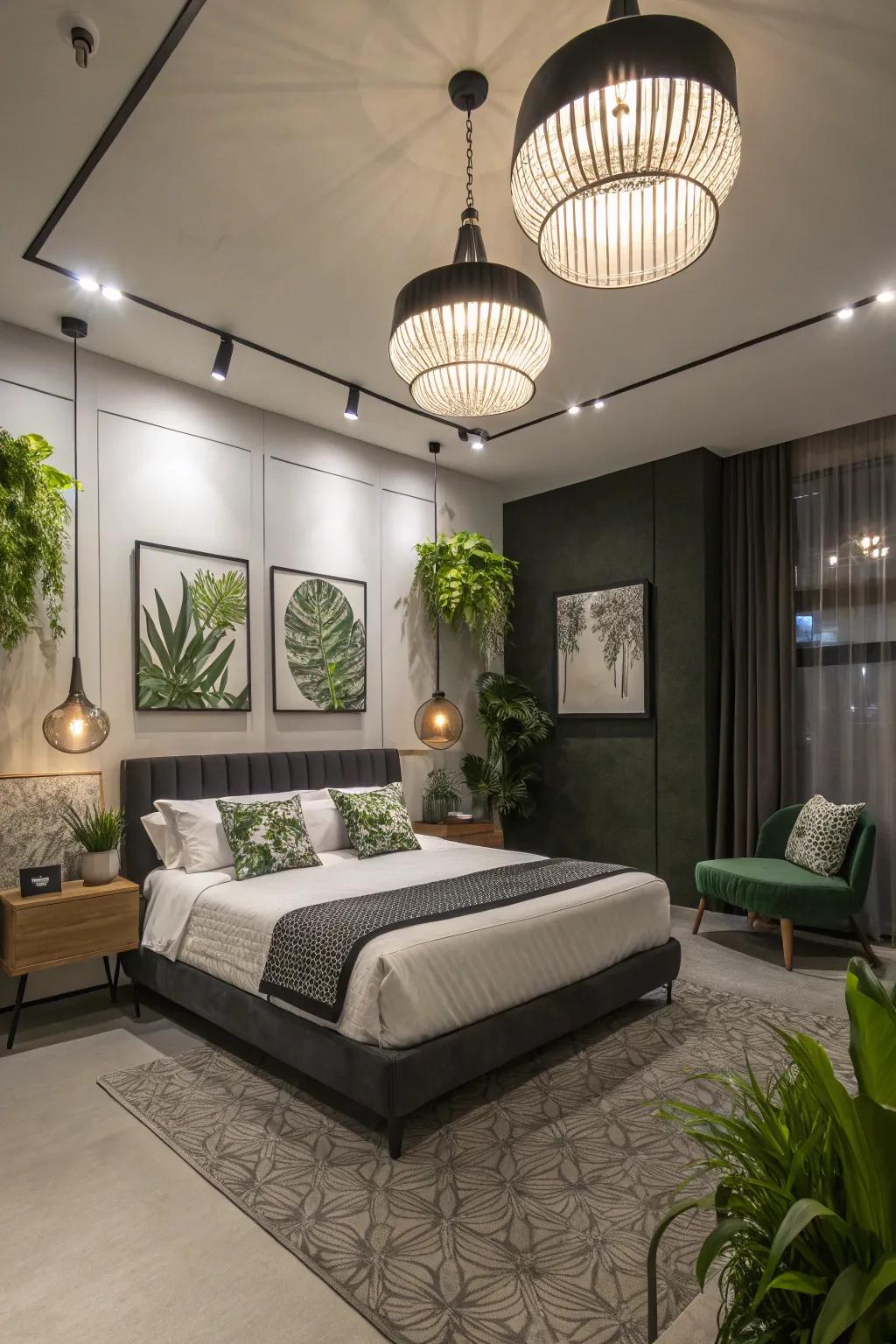 Sleek lighting structures enhancing the room's modern feel.