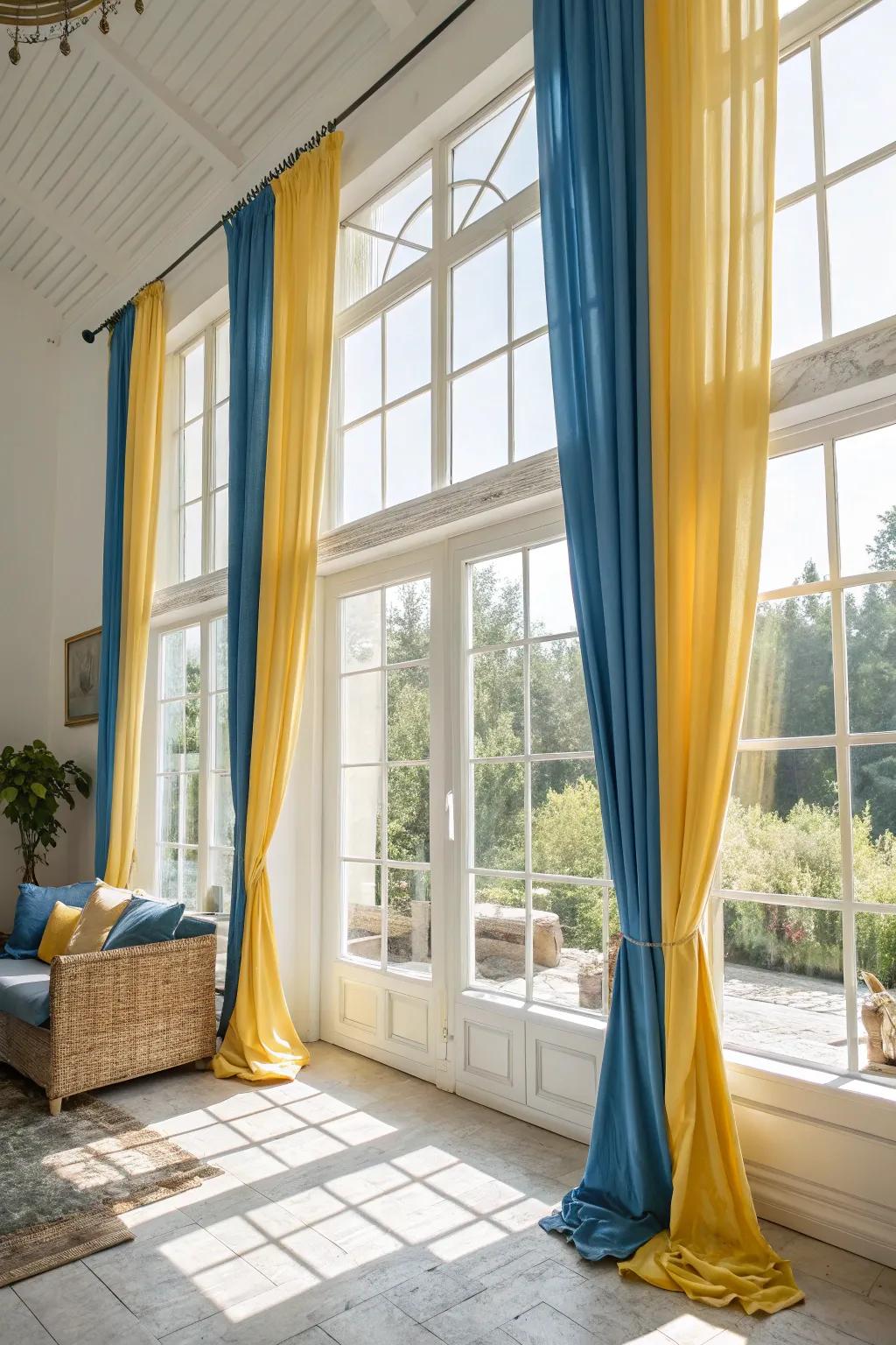 Windows dressed with azure and gold drapes to brighten the area.