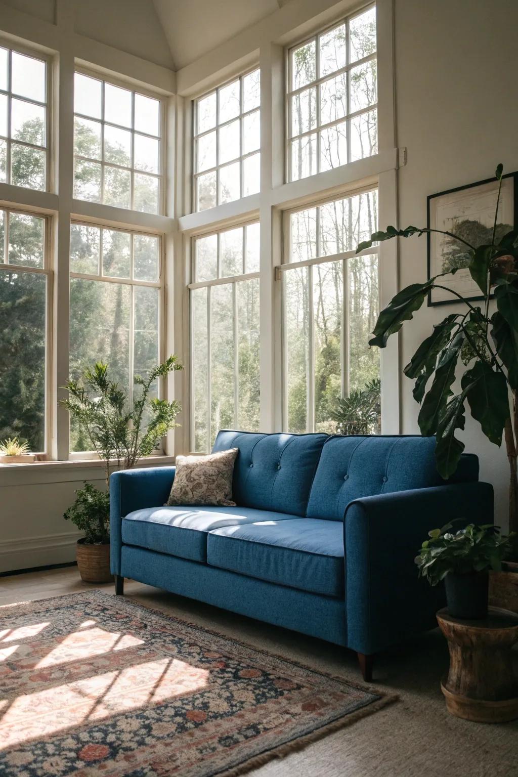 Sunlight amplifies the allure of the cerulean settee.