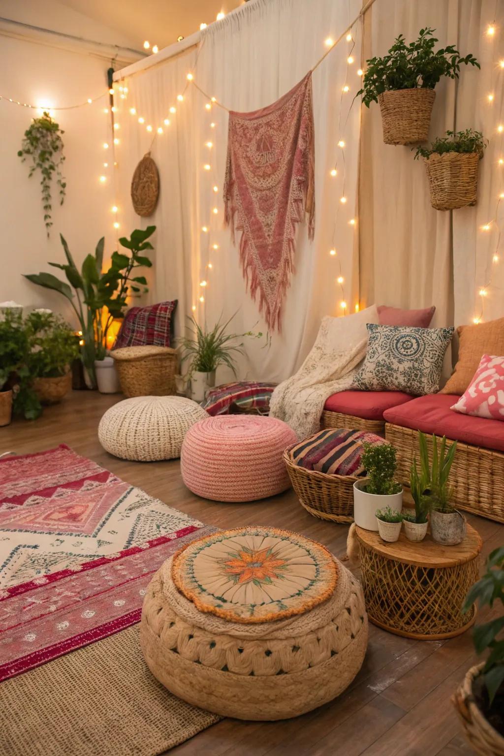 A laid-back seating arrangement in a bohemian studio.