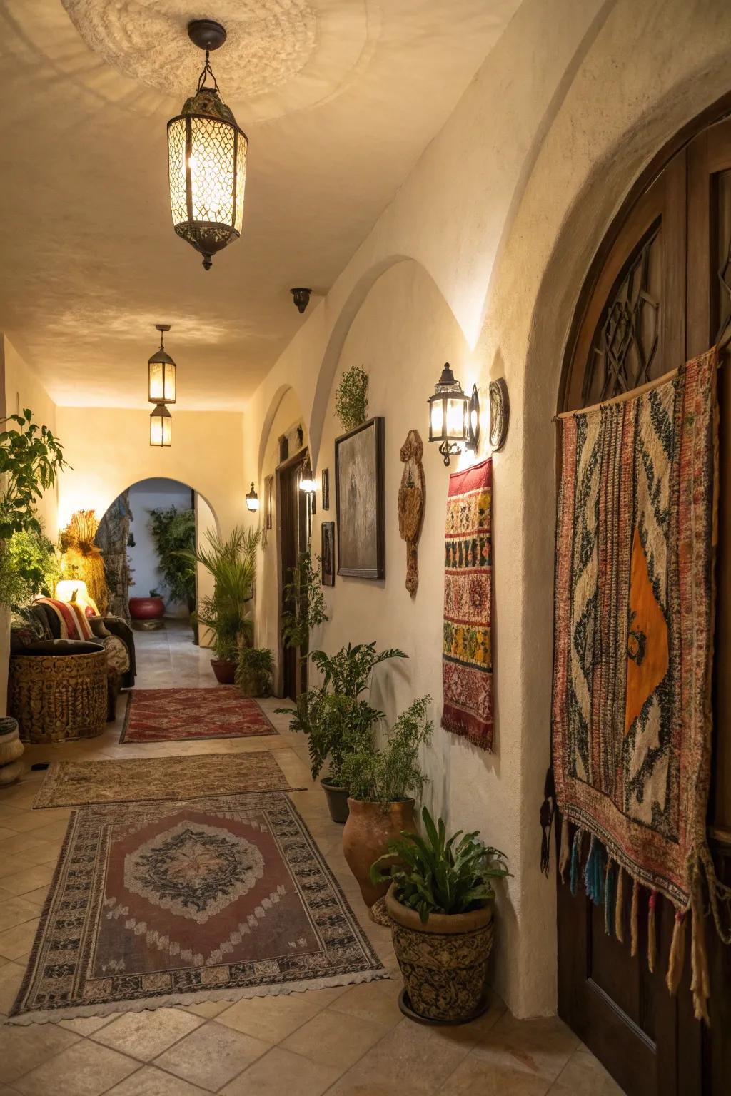 Terracotta sconces include an earthy, artistic touch to this boho foyer.