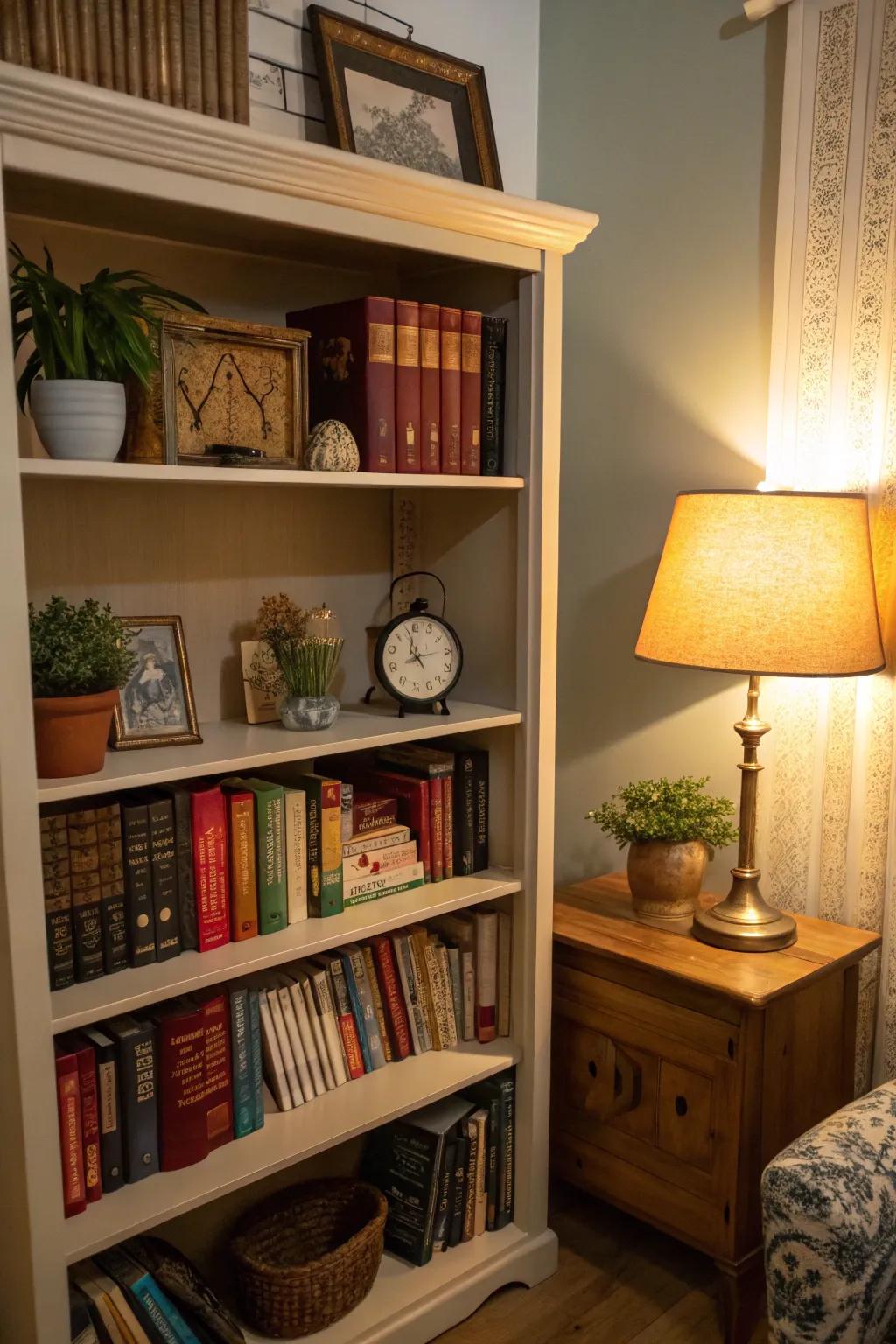 A snug atmosphere is cultivated with the addition of a small lamp on a bookshelf.