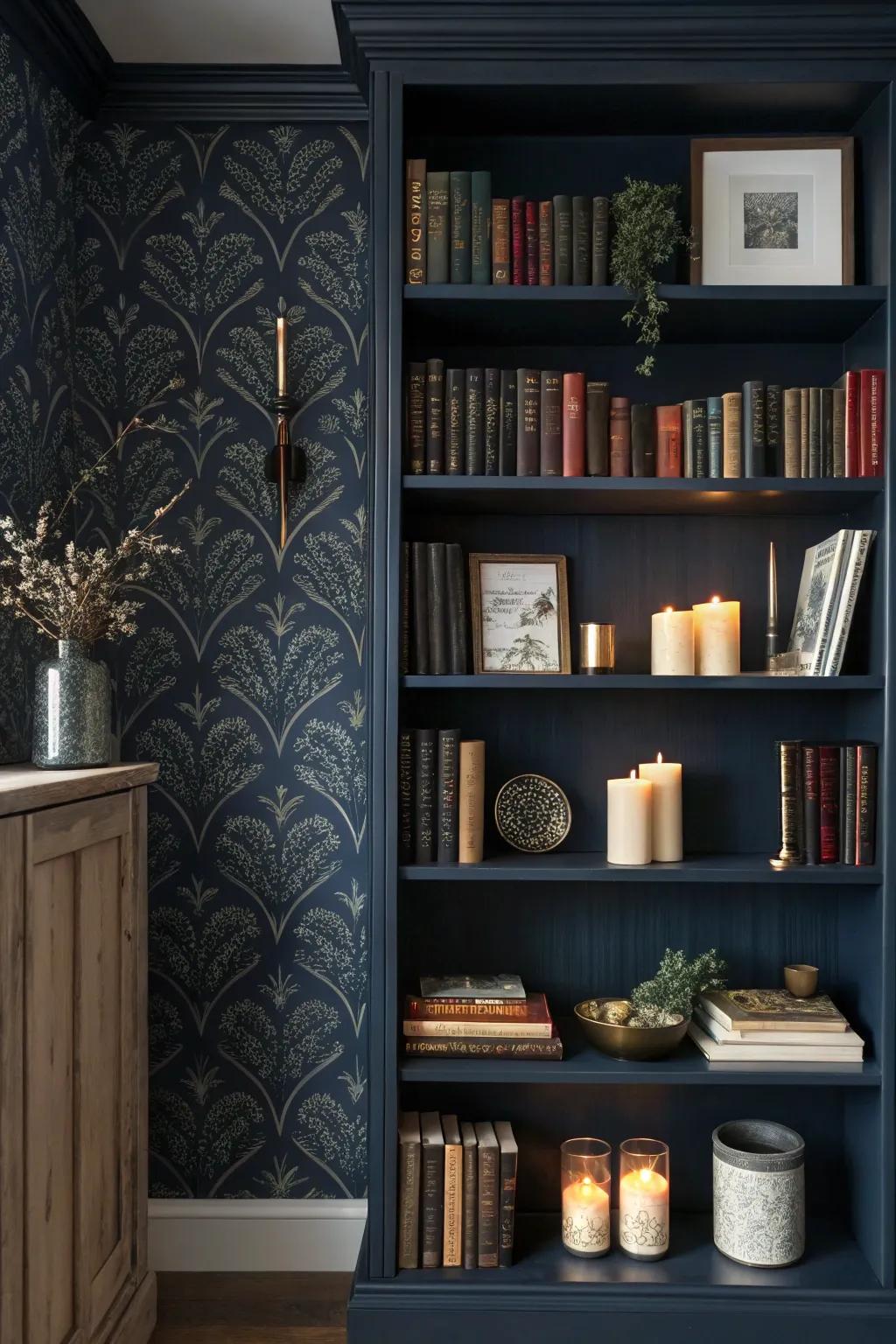A bookshelf featuring deep navy wallpaper, exuding a sophisticated, dramatic vibe.