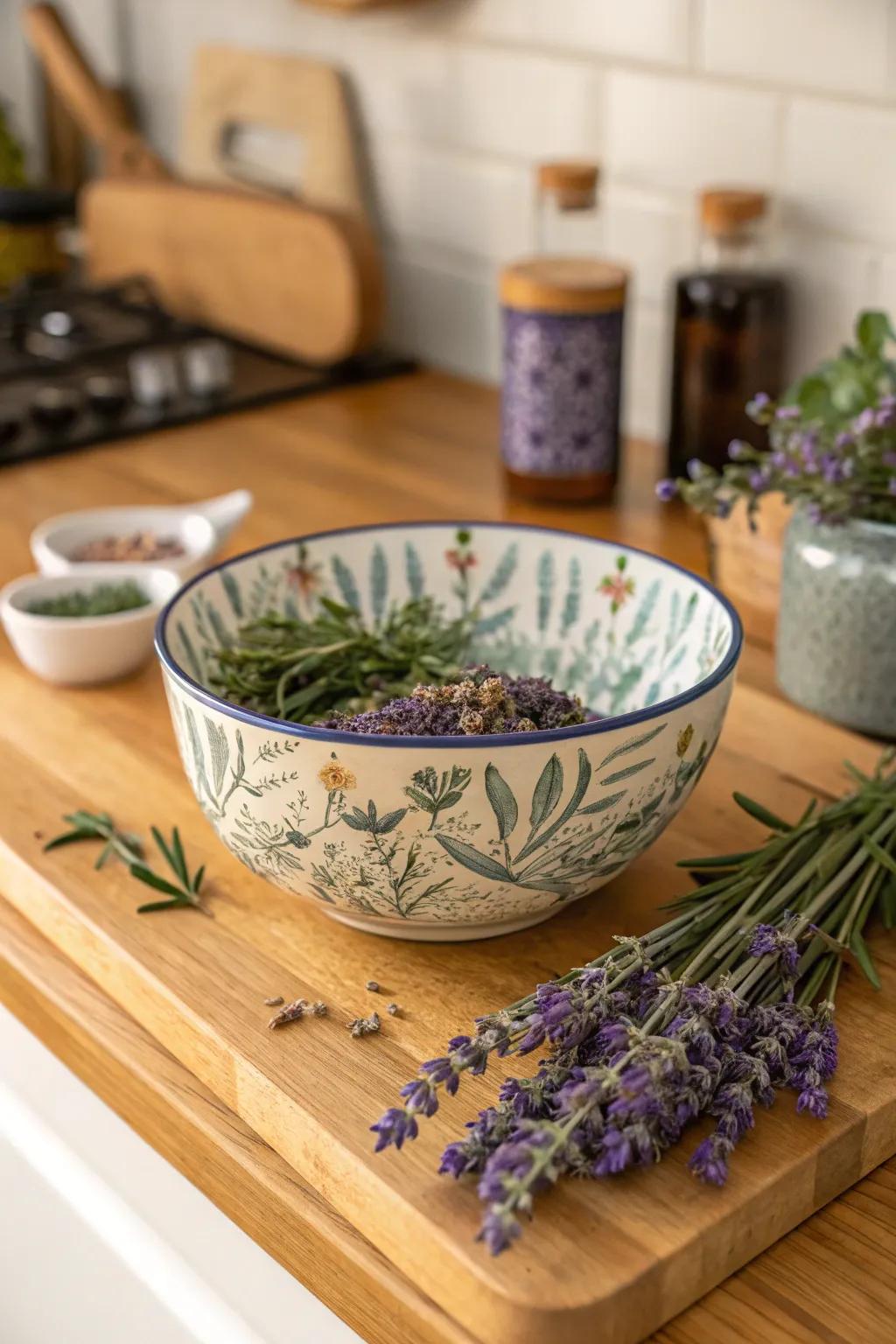 An eye-catching bowl brimming with herbs such as dried lavender
