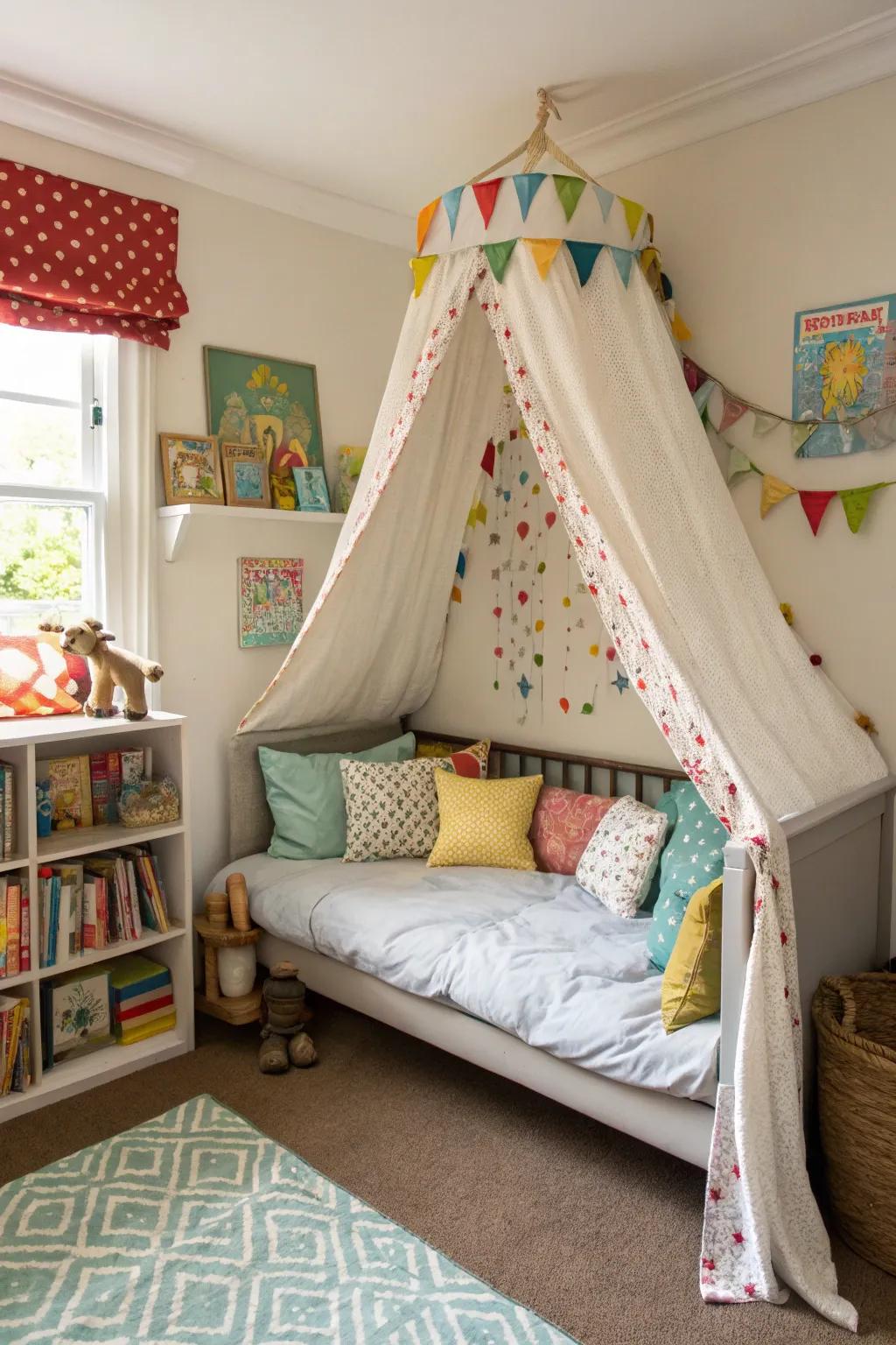 Inspire imaginative play using a tent over the sleeper sofa.