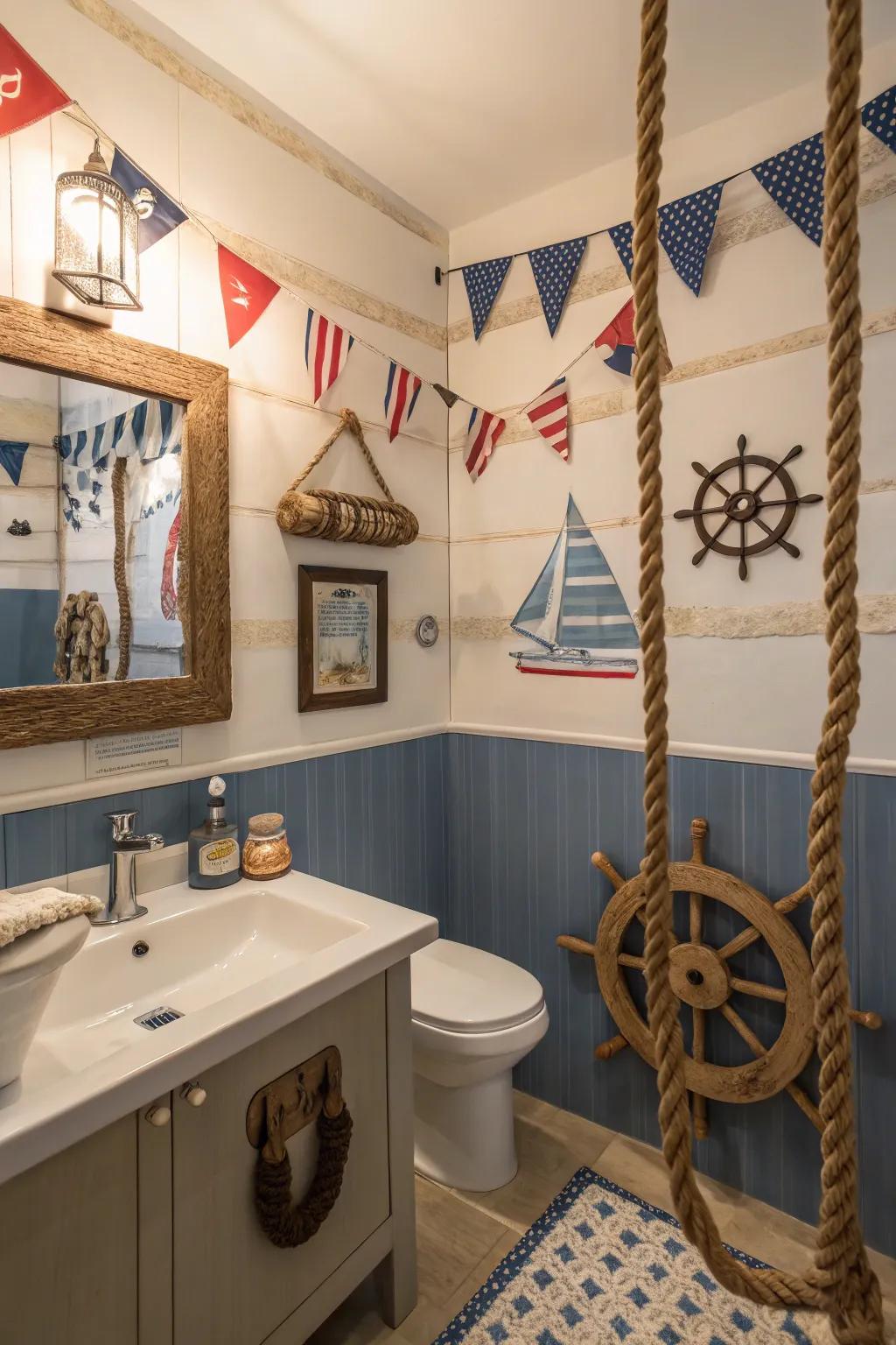 Maritime attributes instill a sense of exploration in a boys' lavatory.