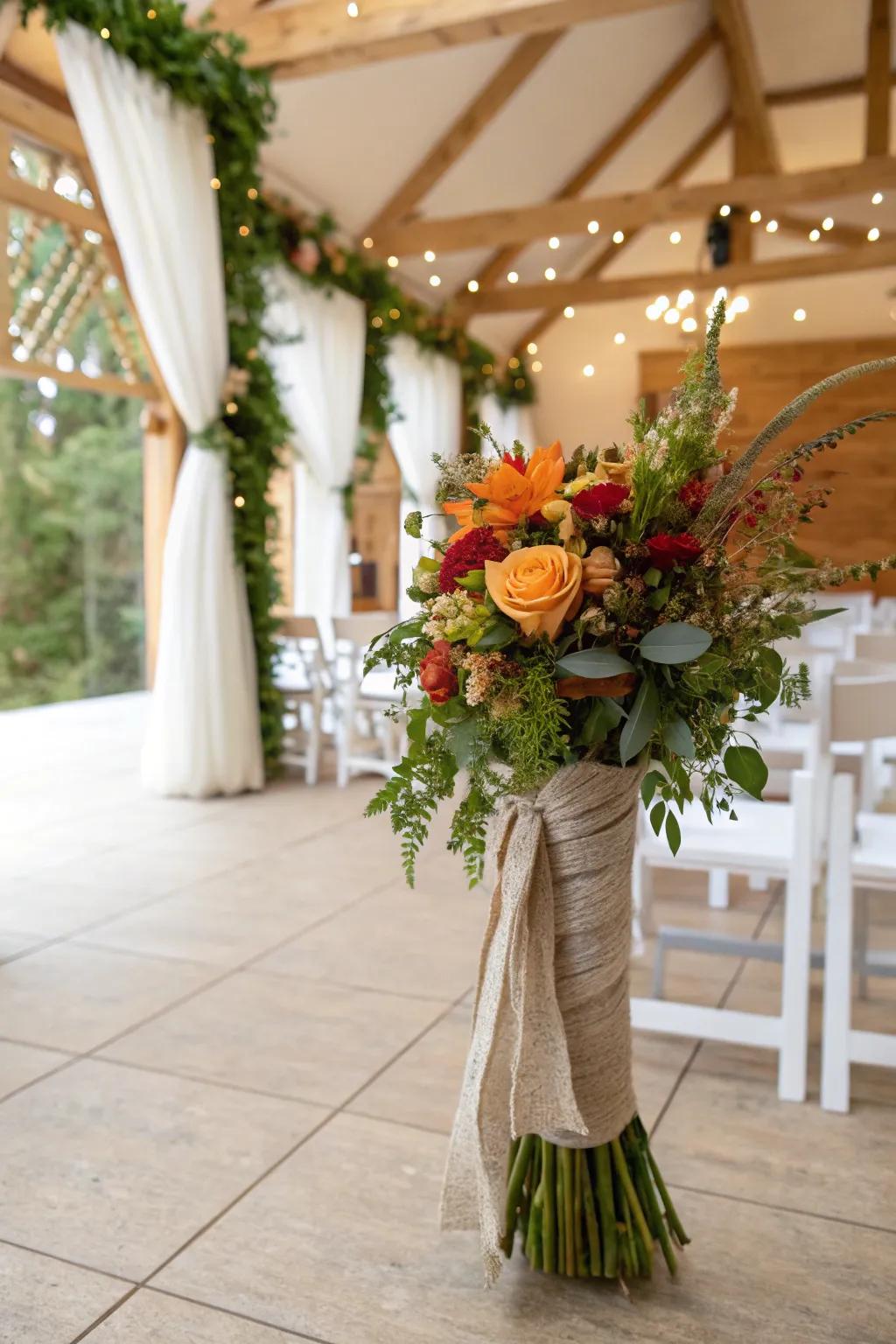 Seasonal material bindings unite a cohesive element to wedding bouquets.