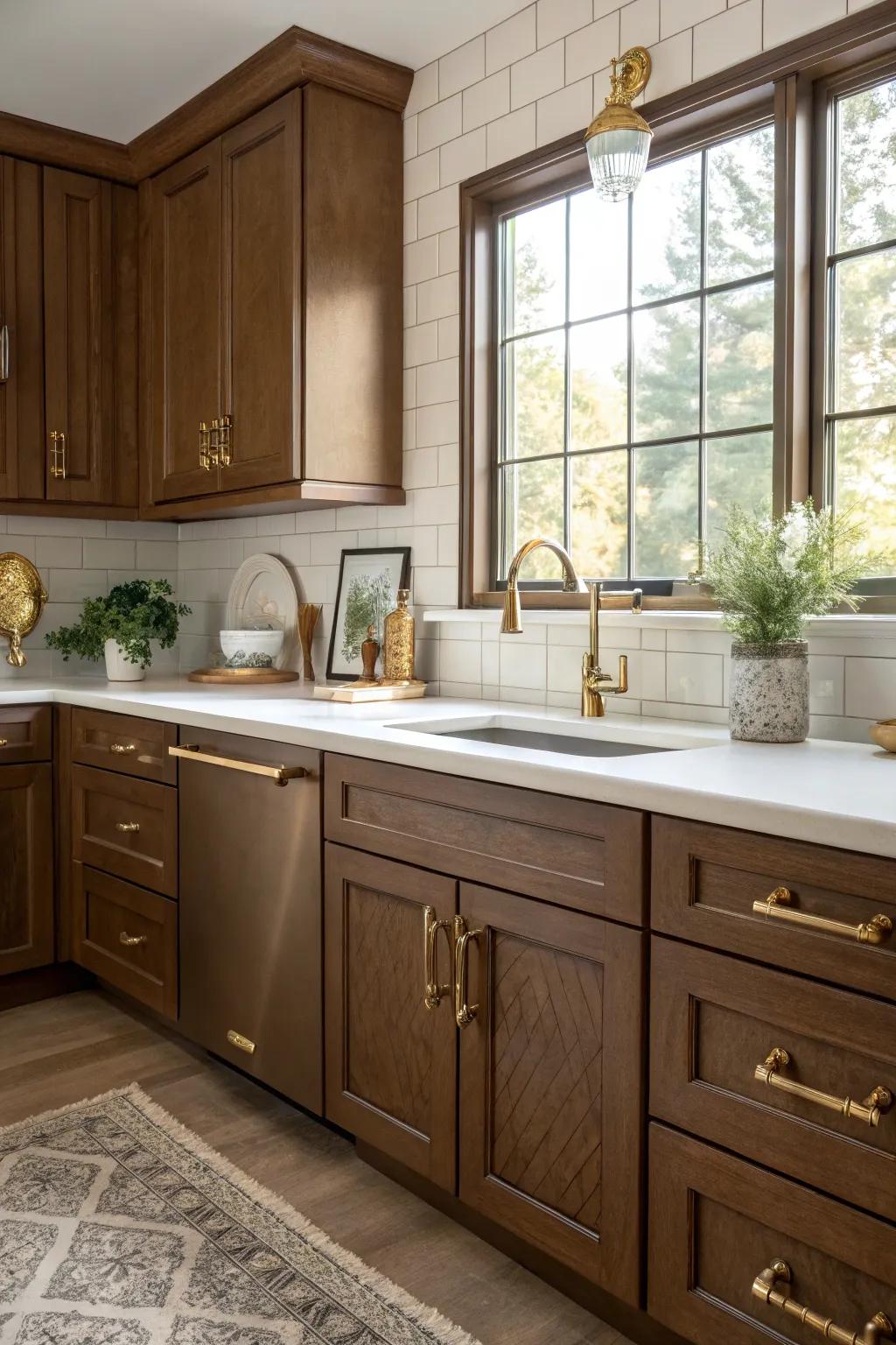 Polished touches infuse a hint of opulence into brown kitchens.