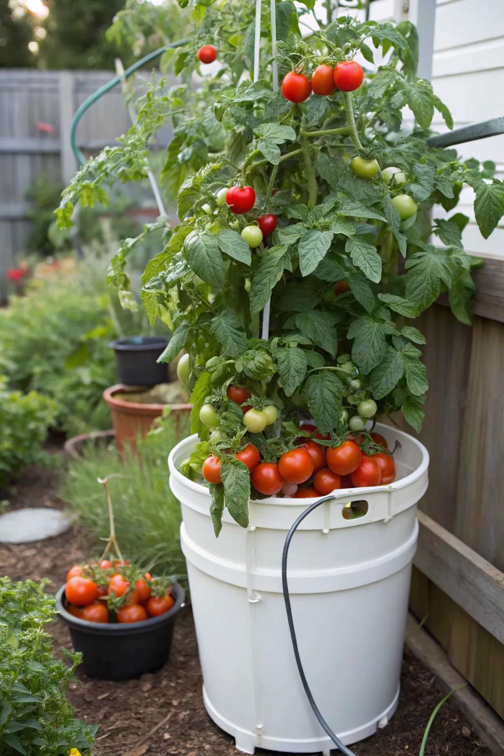 Tomato plants luxuriating within a self-irrigating bucket arrangement.