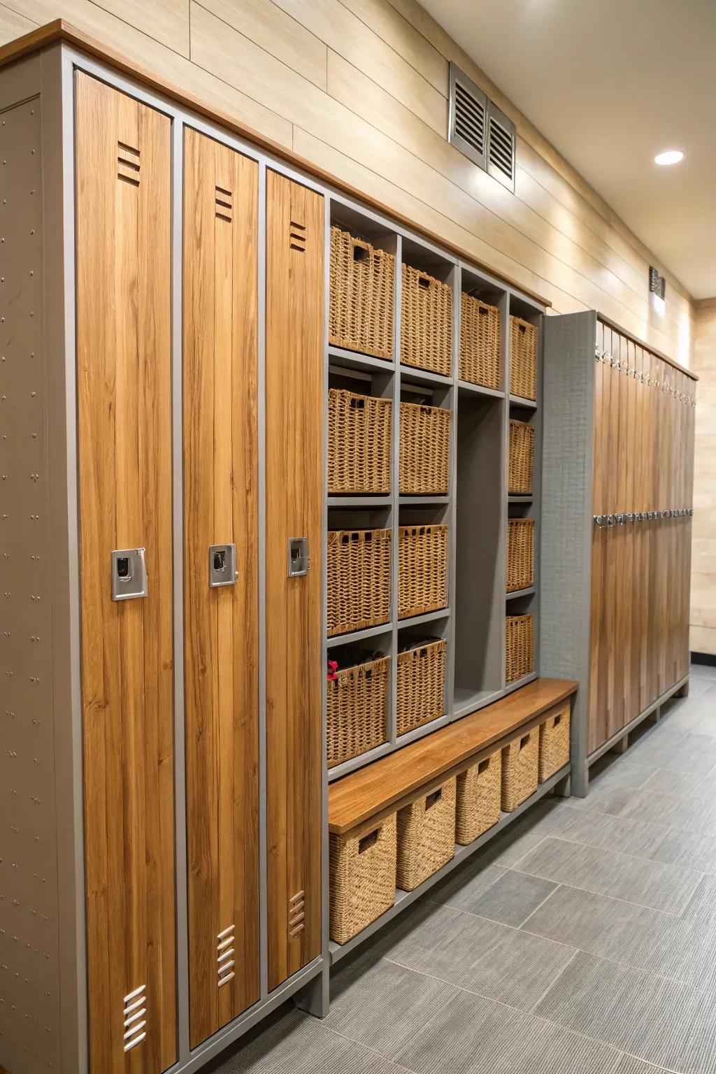 An attractive combination of materials used in integrated storage units.