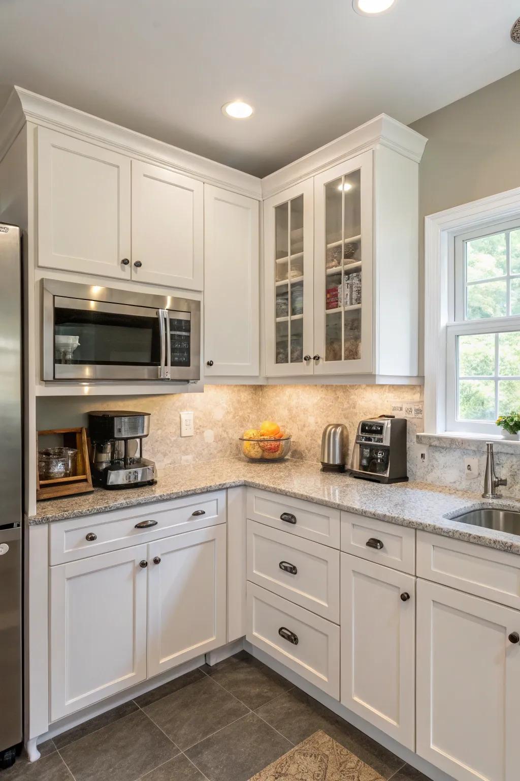 Efficient kitchen design with the microwave placed in a corner cabinet.