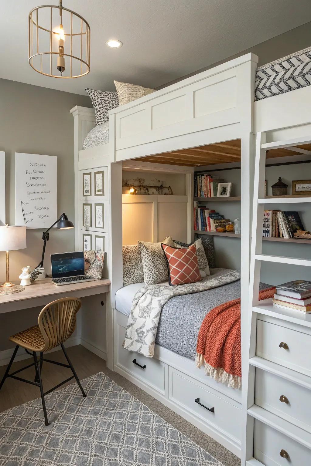 A concealed desk space adds practicality to integrated stacked beds.