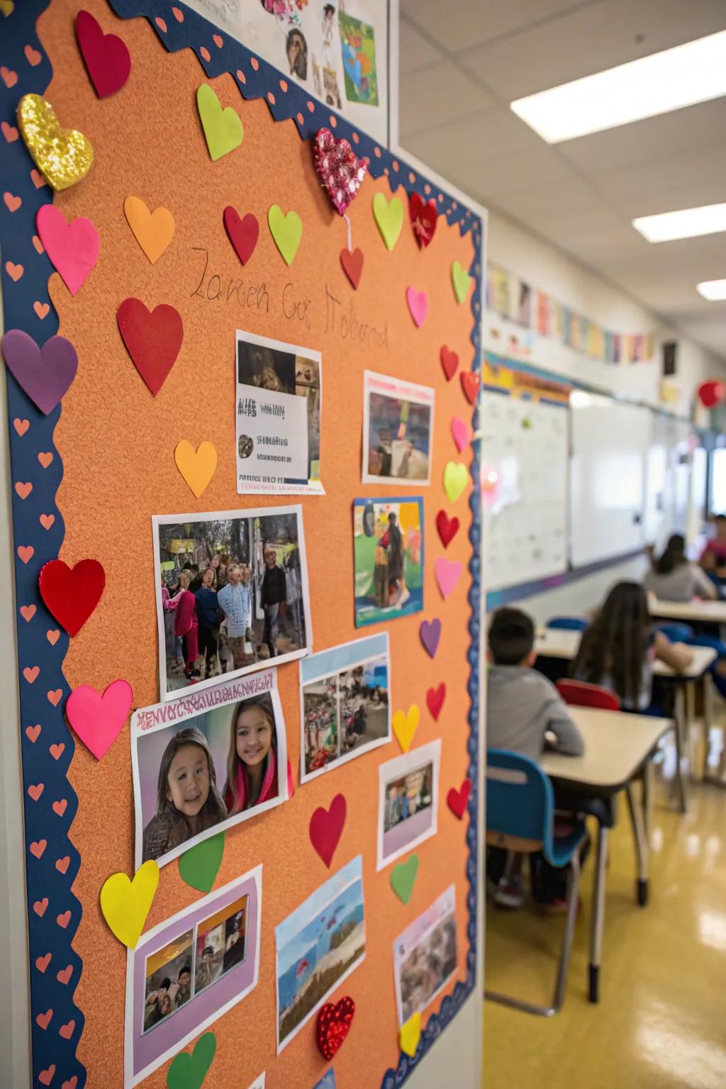 Selfie station embellished with photographs and heart motifs.
