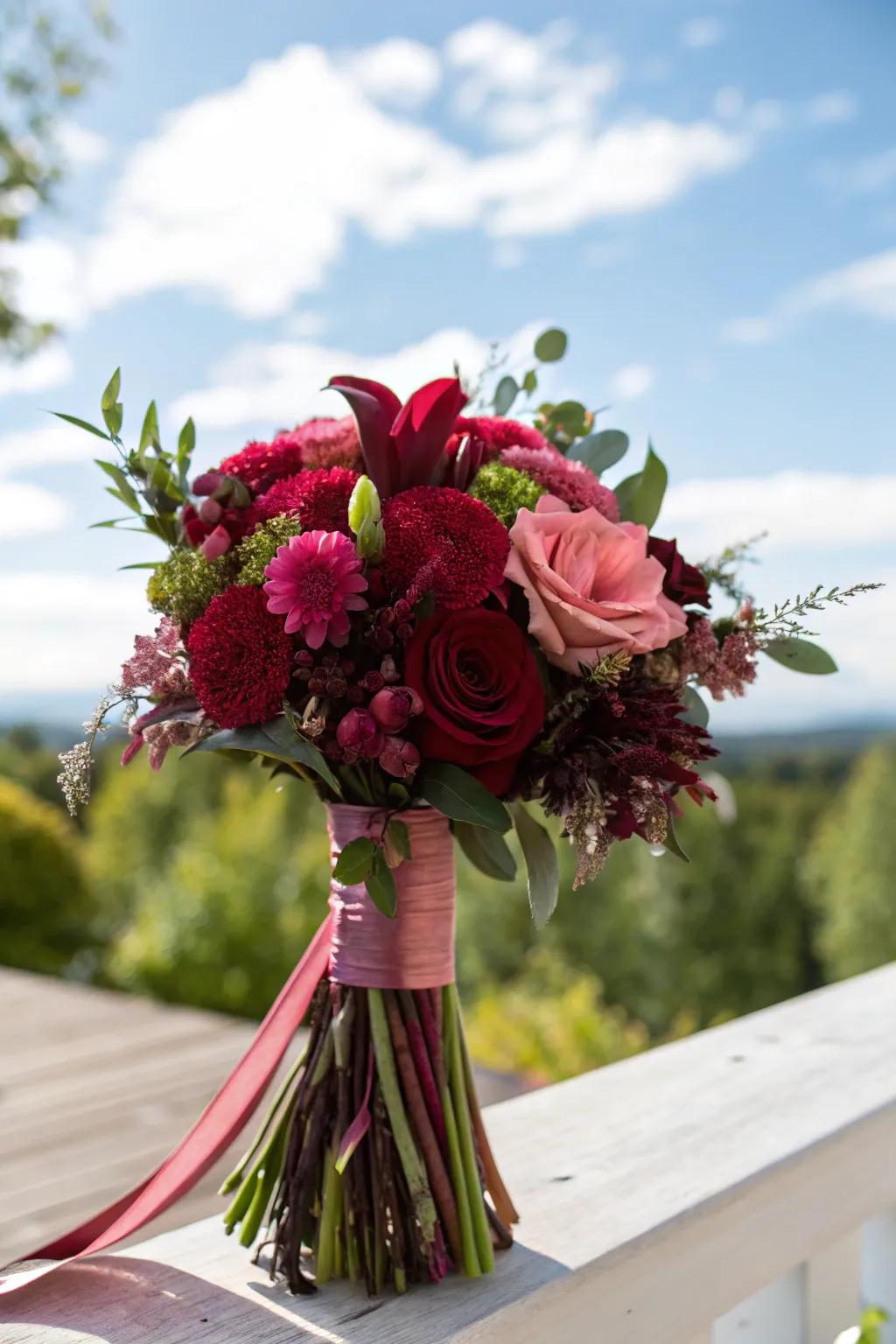 Burgundy bouquet featuring vibrant pink accents.