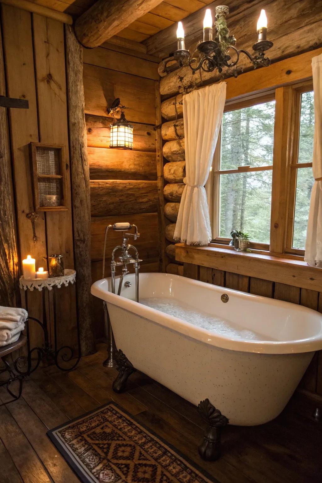 A cabin bathroom featuring an antique clawfoot tub and traditional tap.