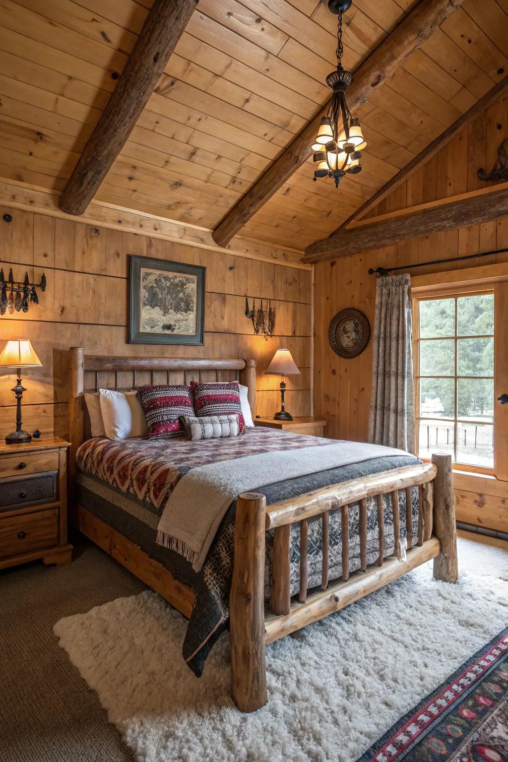 A cabin bedroom that showcases rugged wood furniture and rustic decorations.