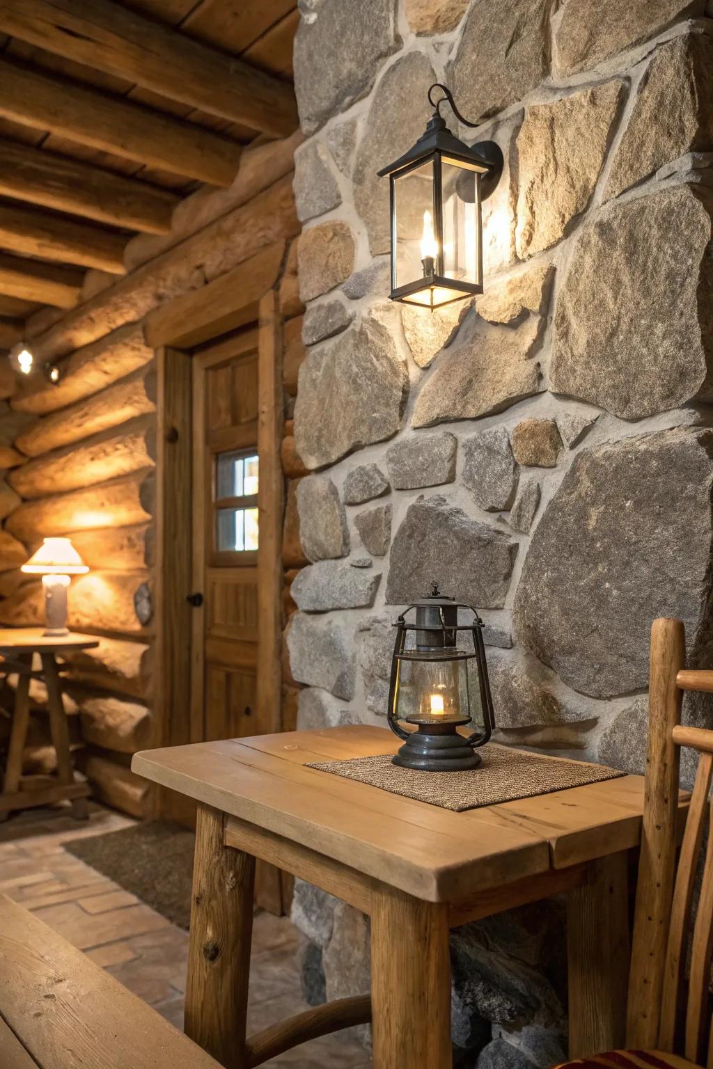 The rock features go well with the cabin's countryside charm.