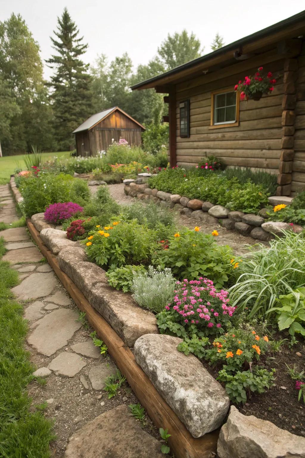 Natural stone outlines demarcate garden beds and add texture.