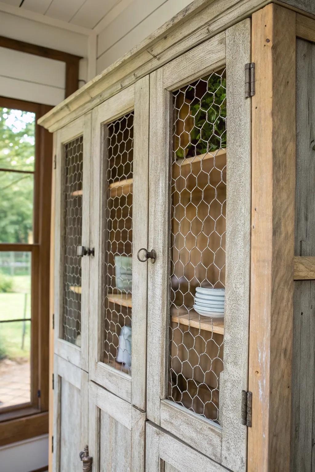 Poultry netting inserts impart rustic allure to woodwork panels.