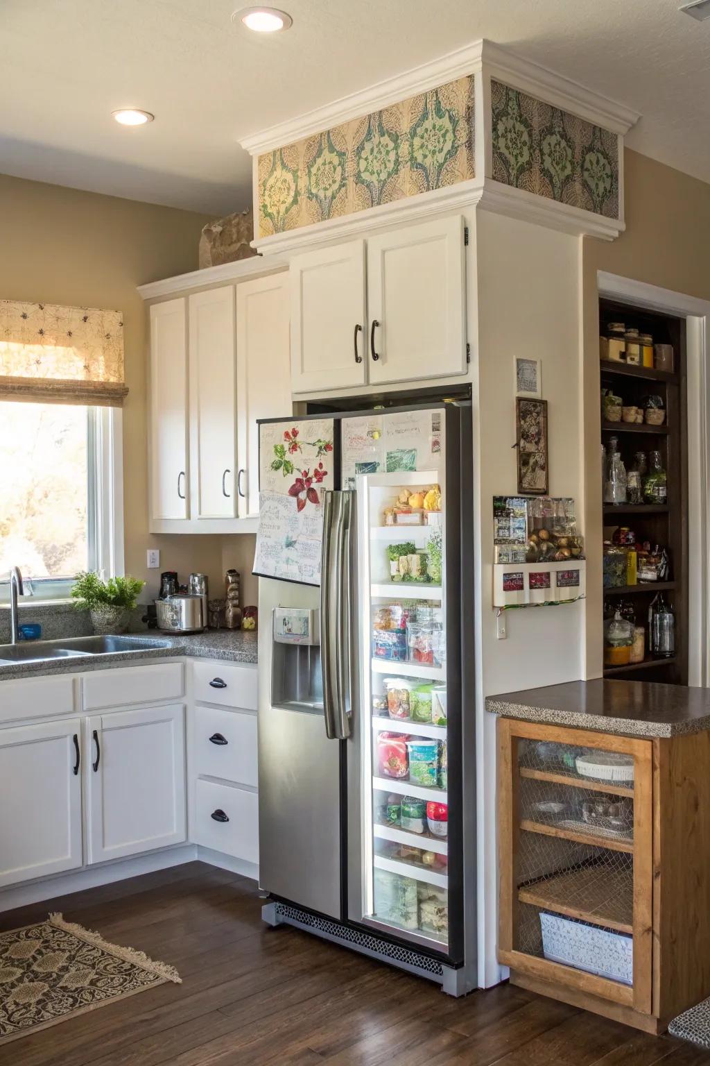 DIY cabinets above the refrigerator can showcase personal style and ingenuity.