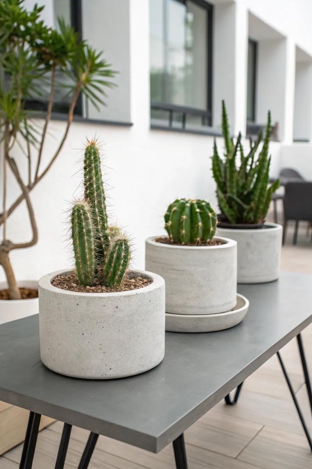 Cement containers offer a modern, simple aesthetic for your cacti.