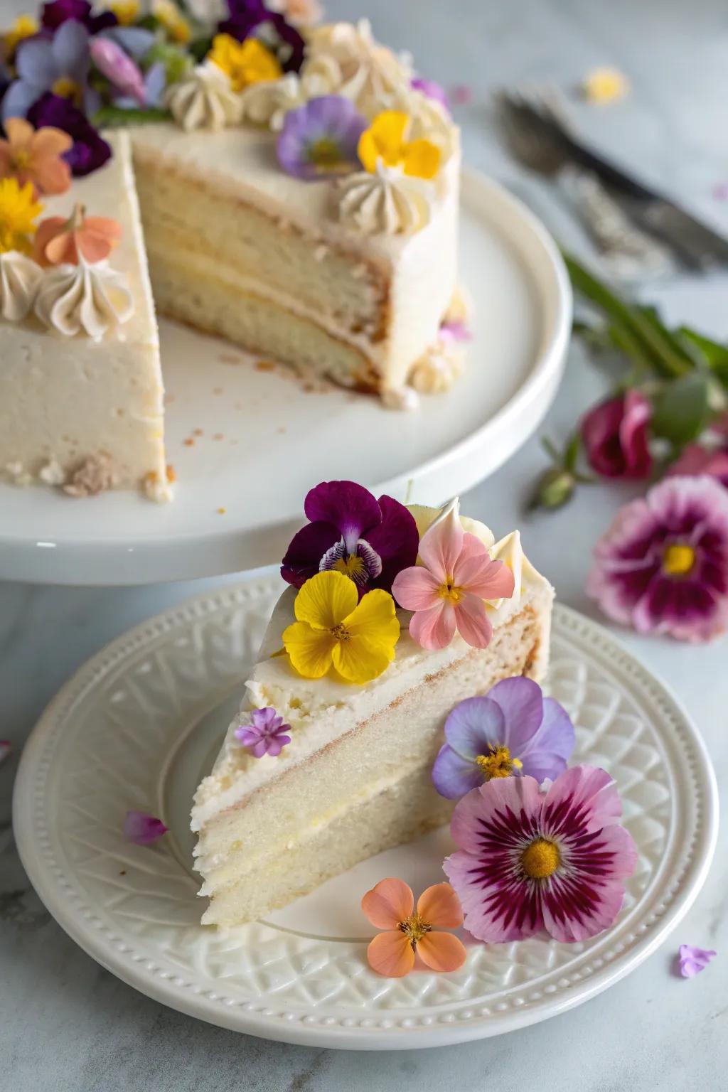 Edible flowers bring an elegant and playful feel to your cake.