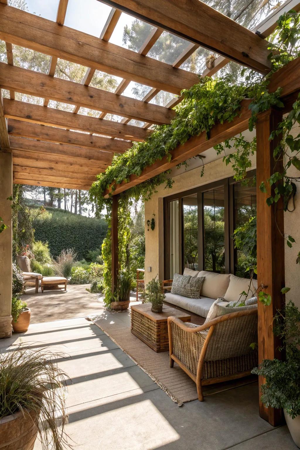 A timber pergola offers shade in a California room.