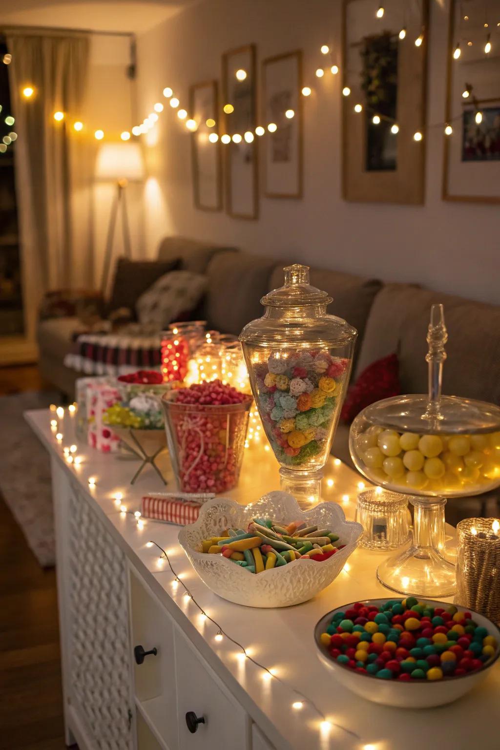 Strands of lights impart a welcoming and cozy radiance to your candy buffet.