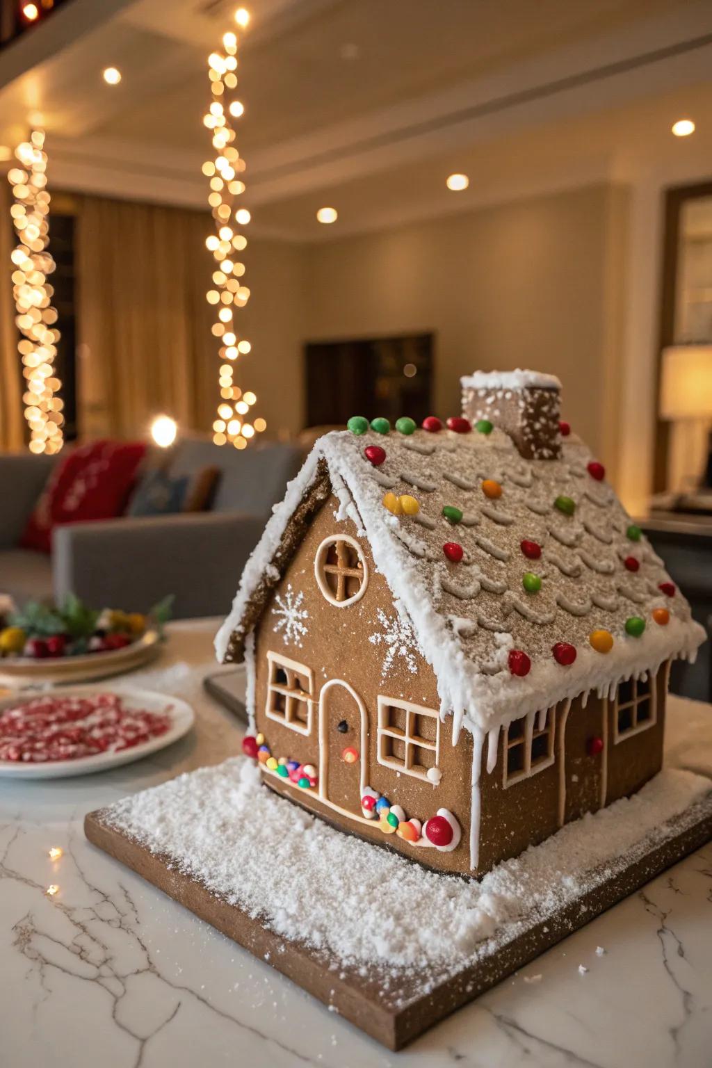 Sweet granules crafting a magical snowy effect on the gingerbread residence rooftop.