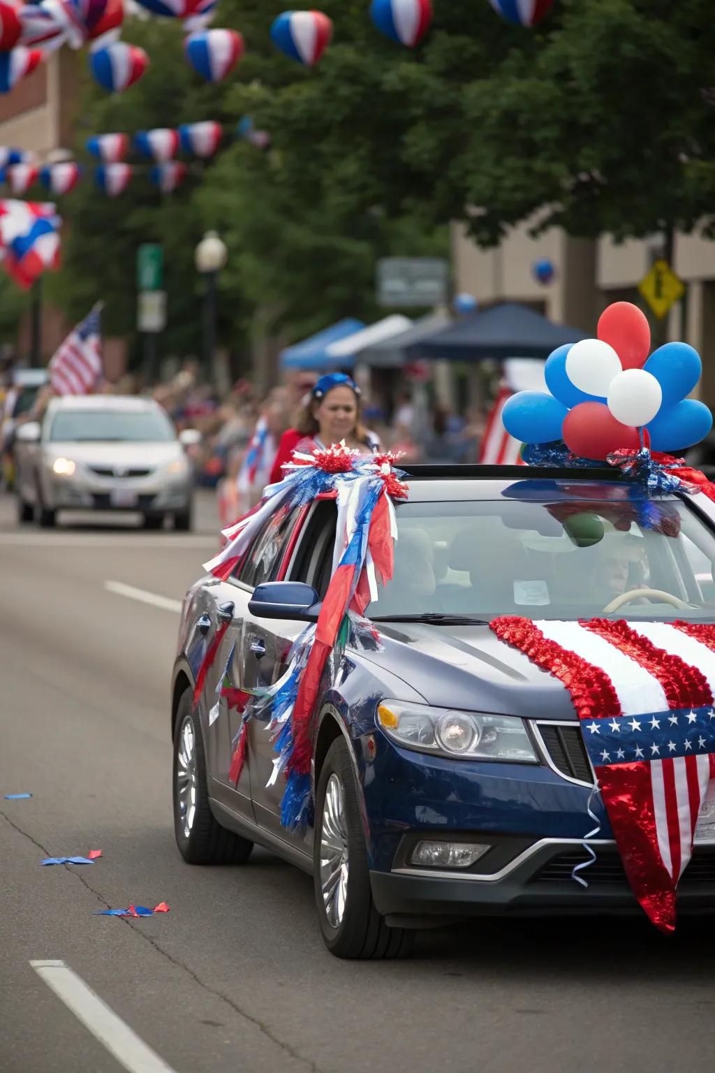A car proudly displaying national satisfaction with vibrant flag decorations.