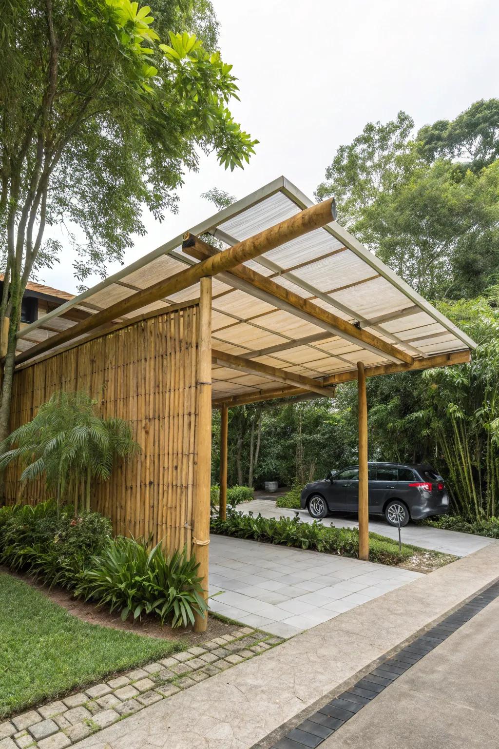A sustainable carport crafted from bamboo and reclaimed wood.