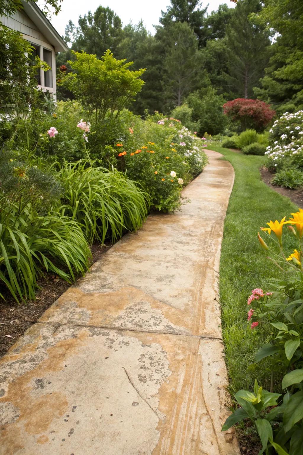Stone tile walkway with chalk paint finish evoking vintage refinement.