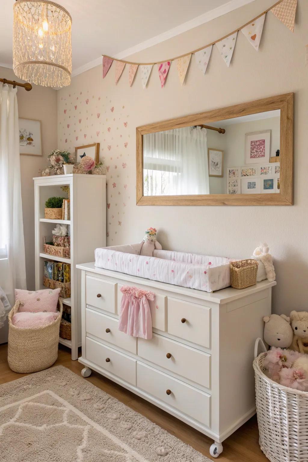 A large looking glass makes the space look bigger and more stylish.
