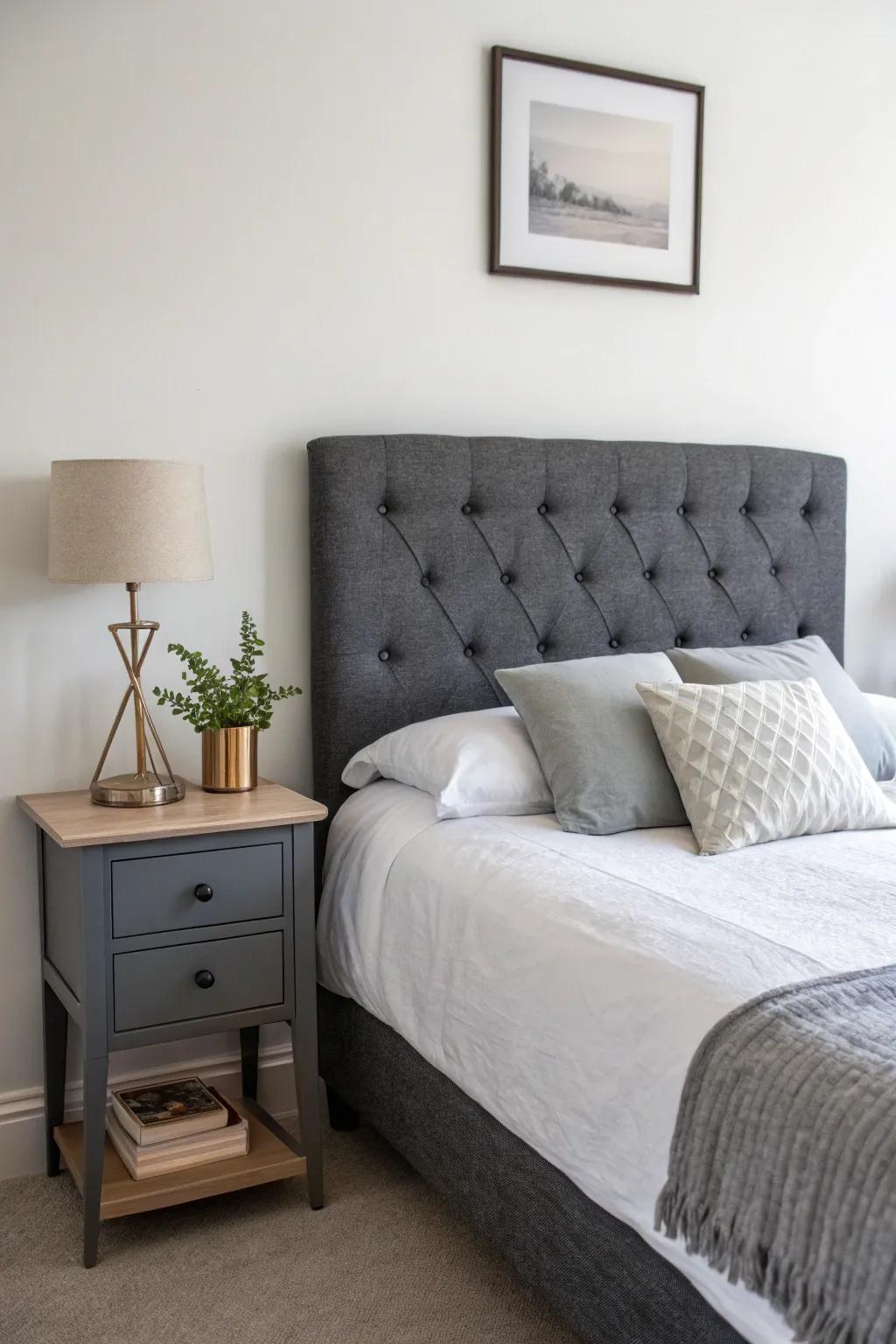 Minimalist decor highlights the beauty of a charcoal grey headboard.