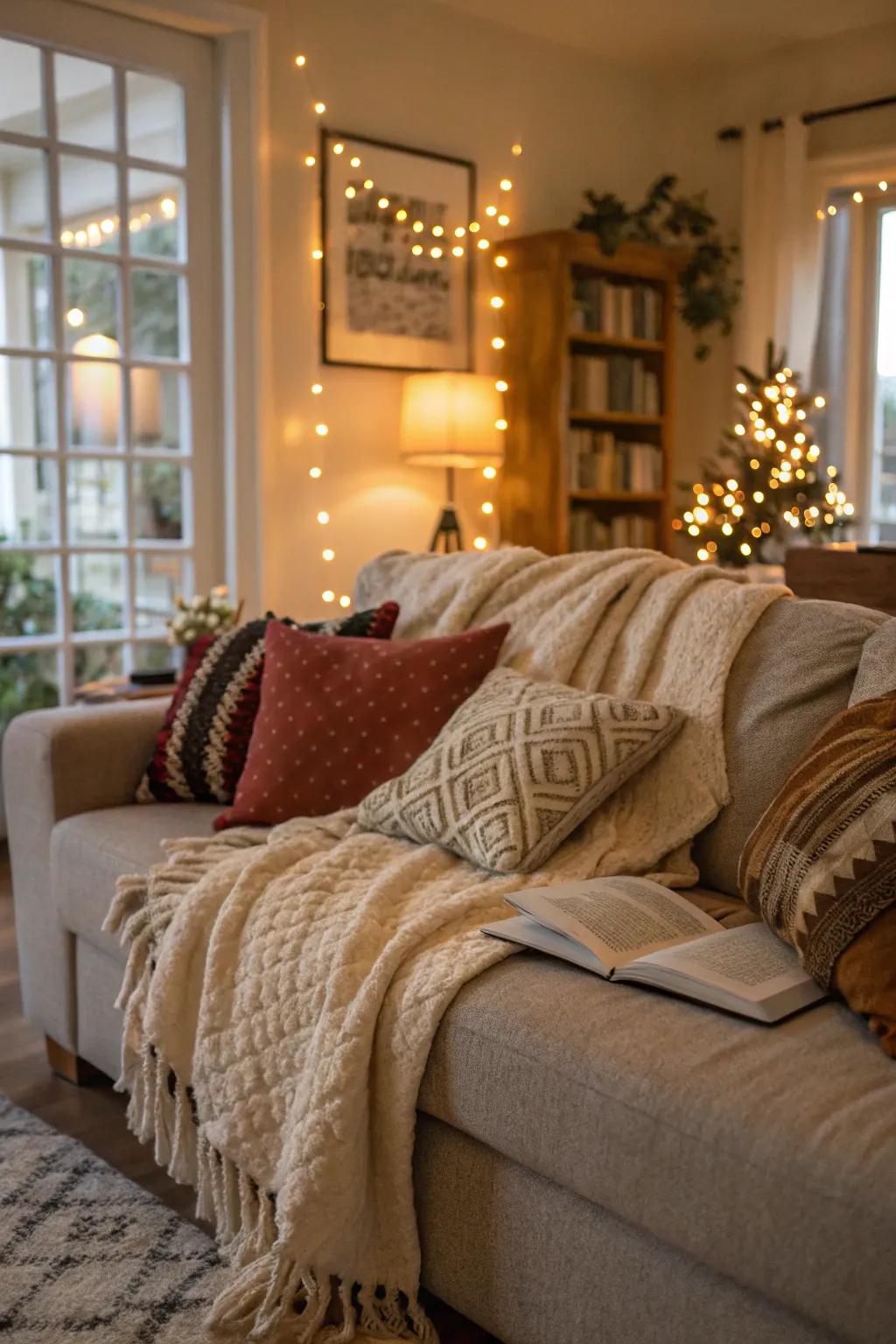Throw cushions and wraps add layers of ease and style.