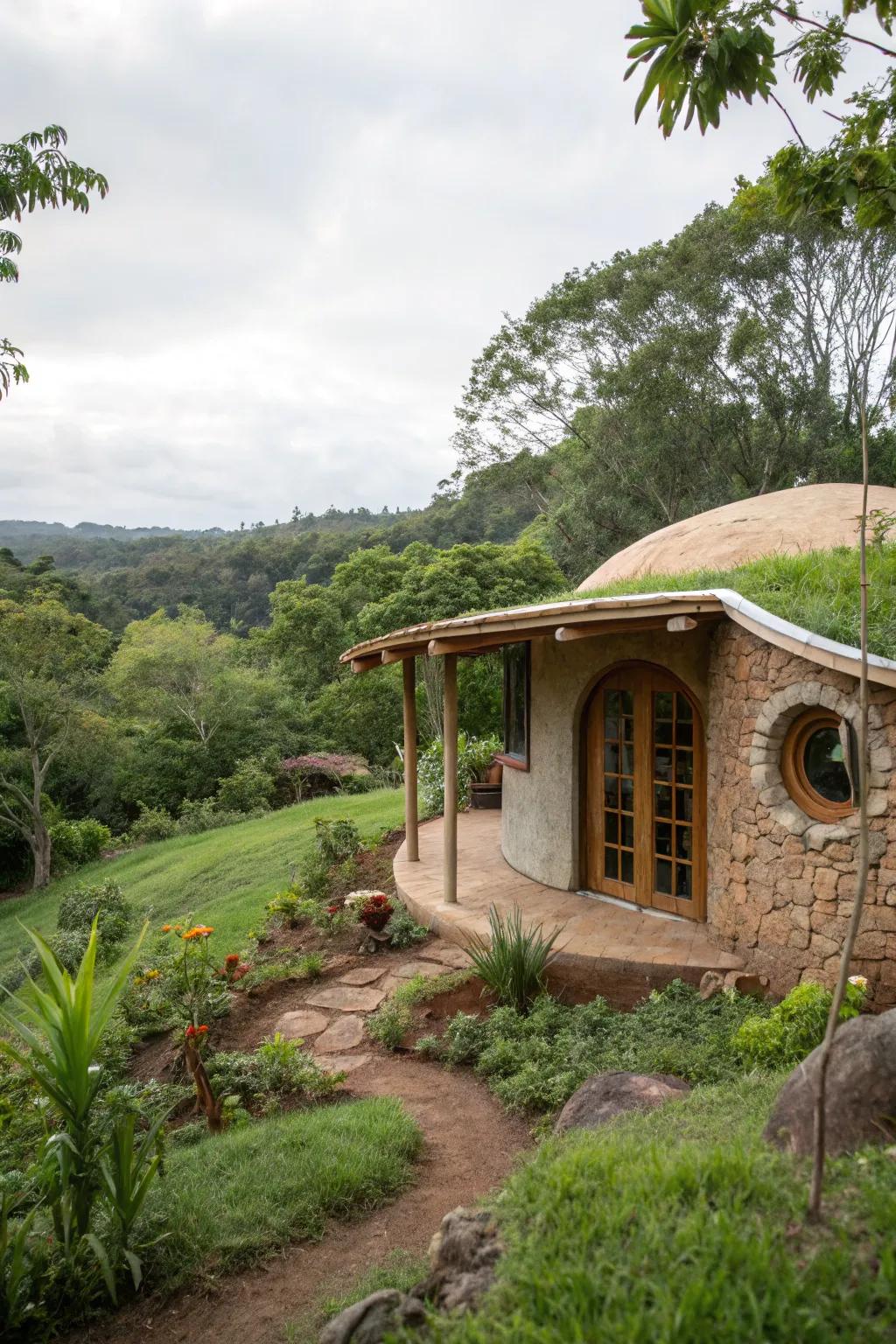 An eco-friendly sandbag residence nestled in lush surroundings.