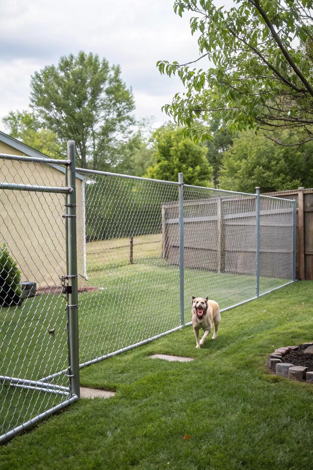Chain link enclosures provide a sturdy and affordable solution for larger yards.