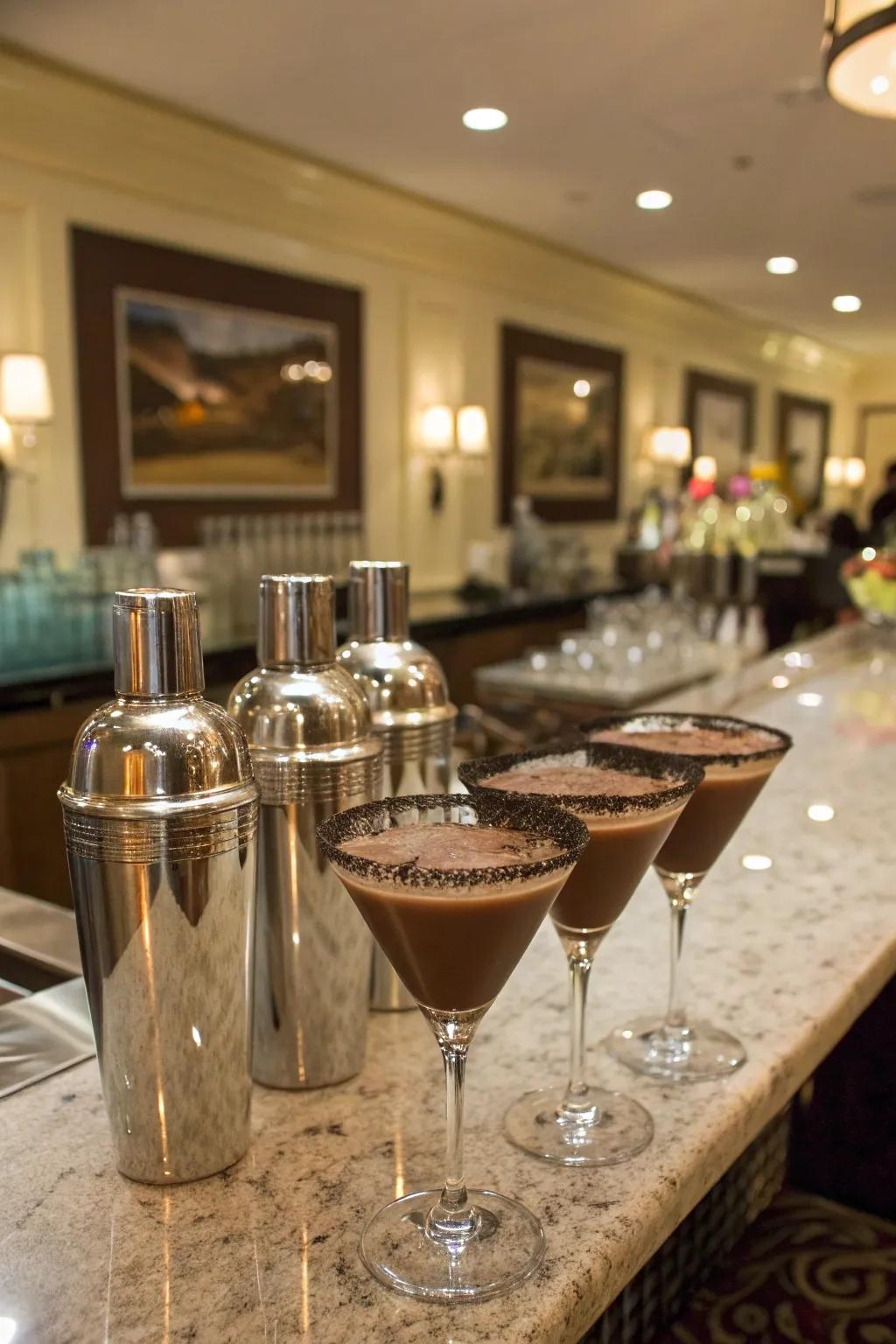 A tempting bar arrangement featuring chocolate-infused cocktails.